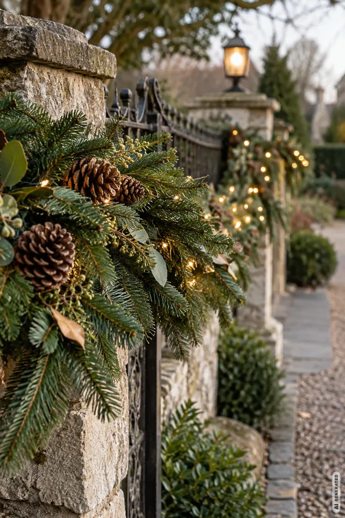 Weihnachtsdeko für die Einfahrt: 5 Ideen, die schon beim Heimkommen begeistern Steinmauer mit Tannengirlande, Zapfen und warmweißen Lichtern entlang einer winterlichen Einfahrt.