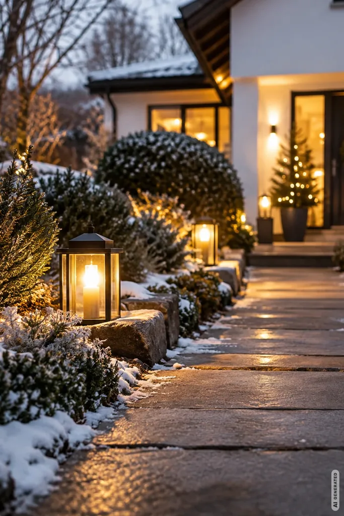 Winterlicher Gartenweg mit warm leuchtenden Laternen, verschneiten Sträuchern und weihnachtlich beleuchtetem Hauseingang.