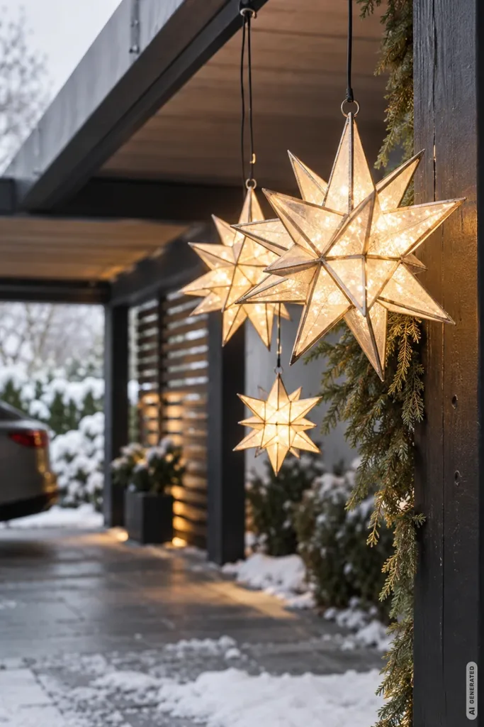 Weihnachtsdeko für die Einfahrt: 5 Ideen, die schon beim Heimkommen begeistern Drei warmweiß leuchtende Weihnachtssterne hängen an einem modernen Carport mit verschneiter Einfahrt.