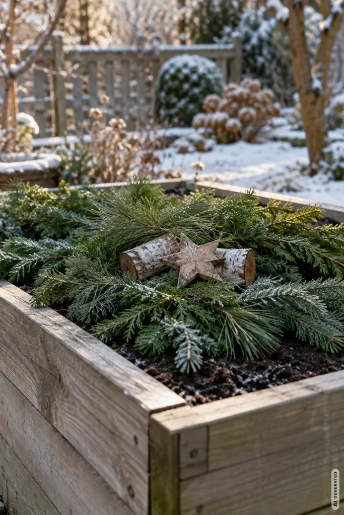Weihnachtsdeko im Hochbeet mit Tannengrün, Kiefernzweigen, Holzsternen und kleinen Baumstämmen.