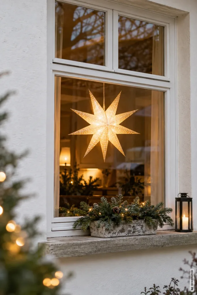 Weihnachtsdeko am Hausfenster mit leuchtendem Stern, Tannengrün im Blumenkasten und kleiner Laterne.