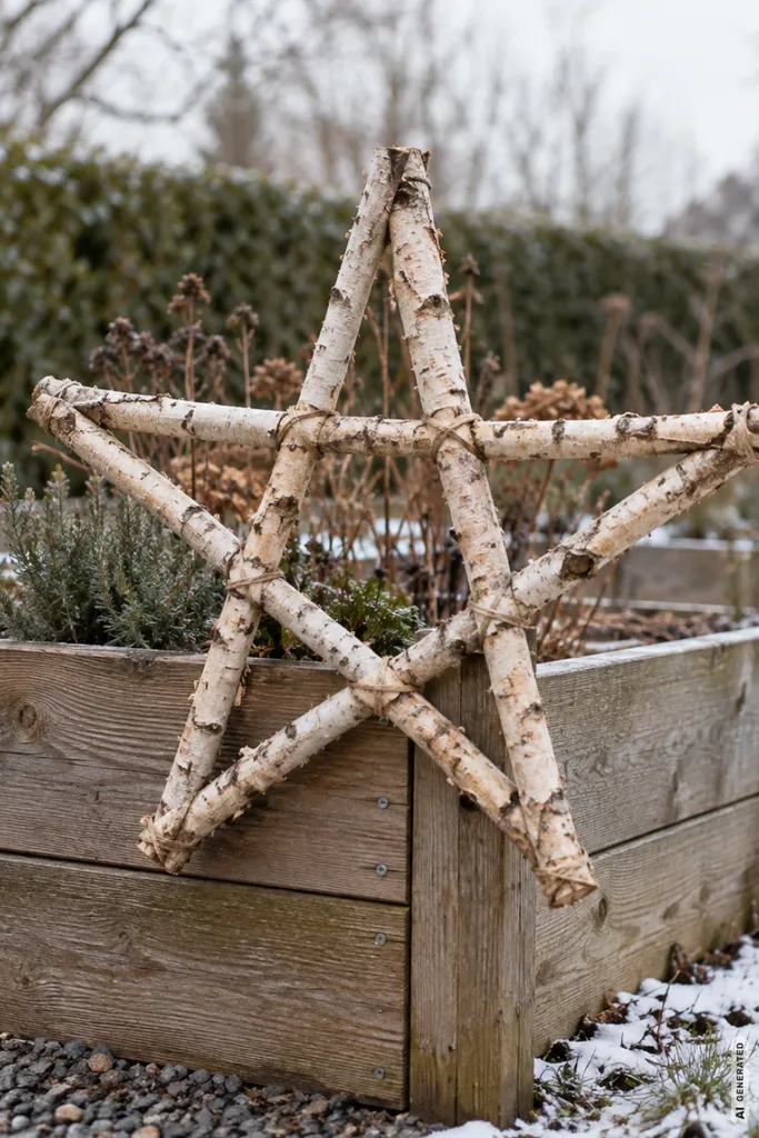 Großer Weihnachtsstern aus Birkenästen an einem rustikalen Hochbeet im winterlichen Garten.