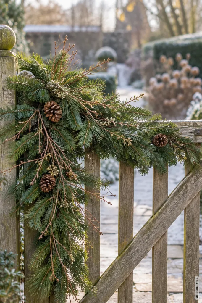 Weihnachtsdeko mit Naturmaterialien: 5 Ideen aus dem Garten für den Garten Weihnachtsgirlande aus Tannenzweigen, Kiefernzapfen und Naturmaterialien an einer rustikalen Gartenpforte.