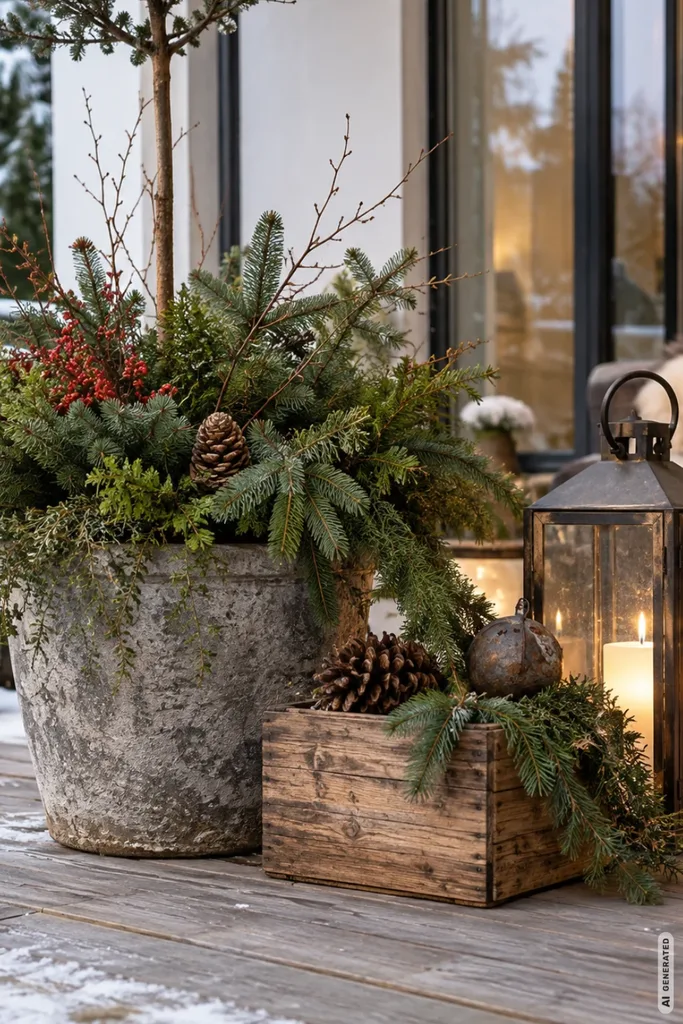 Weihnachtsdeko auf der Terrasse mit großem Pflanzkübel, Tannenzweigen, rustikaler Holzkiste und leuchtender Laterne.