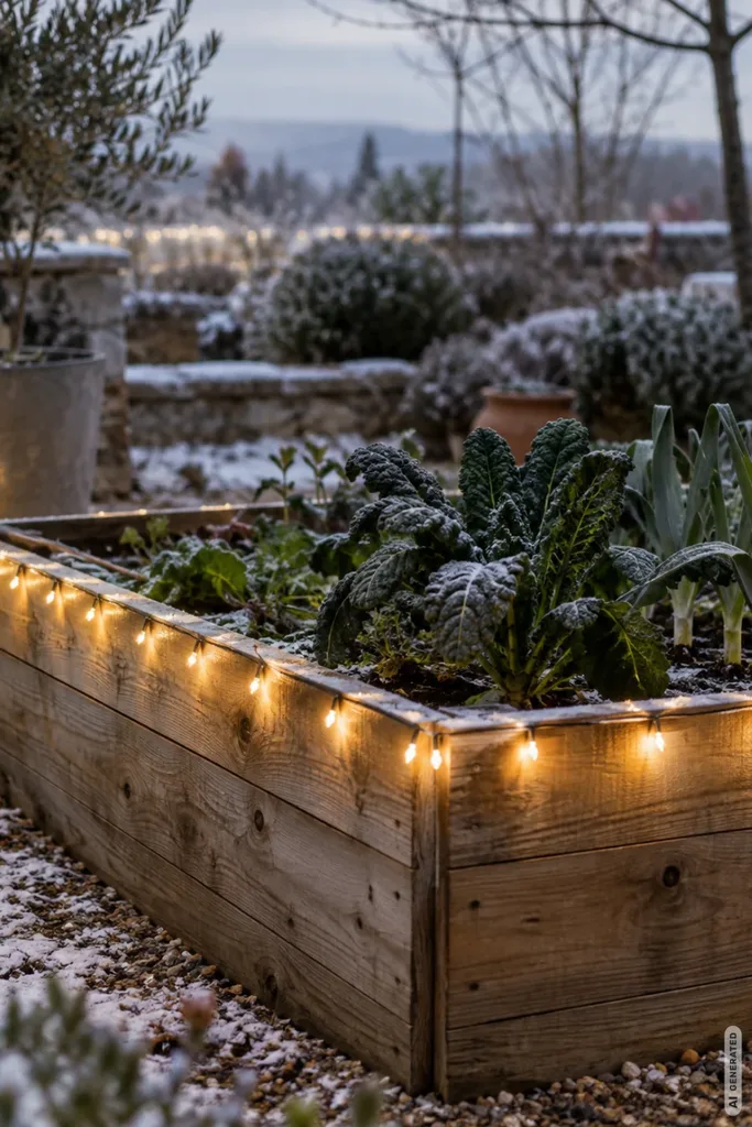 Holzhochbeet mit warmweißer Lichterkette am Rand und winterlichem Gemüse wie Grünkohl und Lauch.
