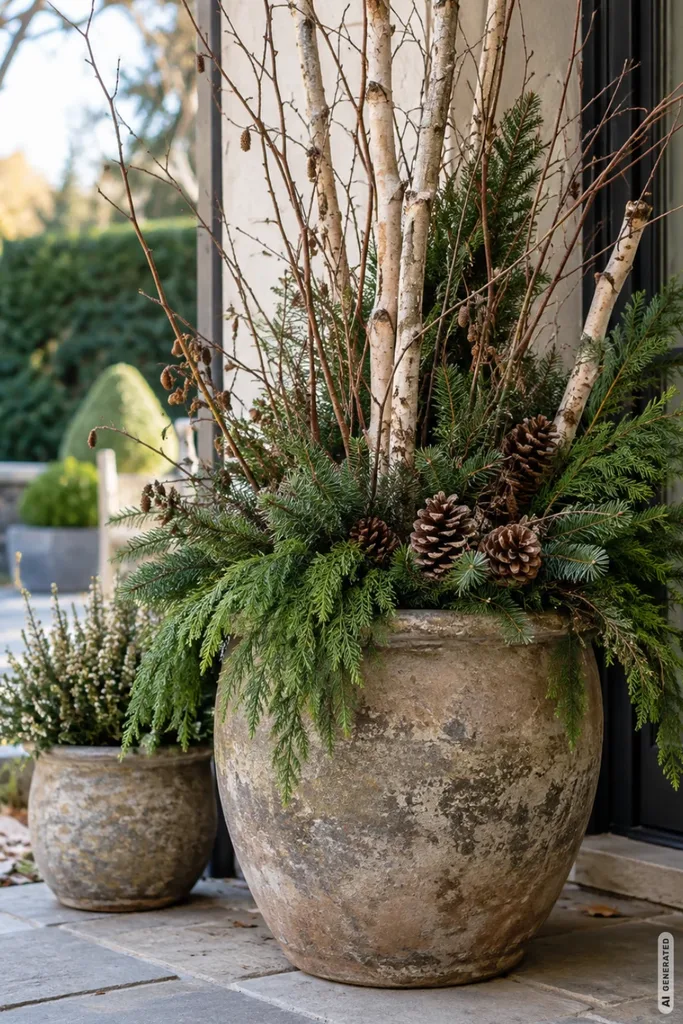 Weihnachtsdeko mit Naturmaterialien: 5 Ideen aus dem Garten für den Garten Großer Pflanzkübel mit Birkenzweigen, Tannengrün und Kiefernzapfen als natürliche Weihnachtsdeko auf der Terrasse.