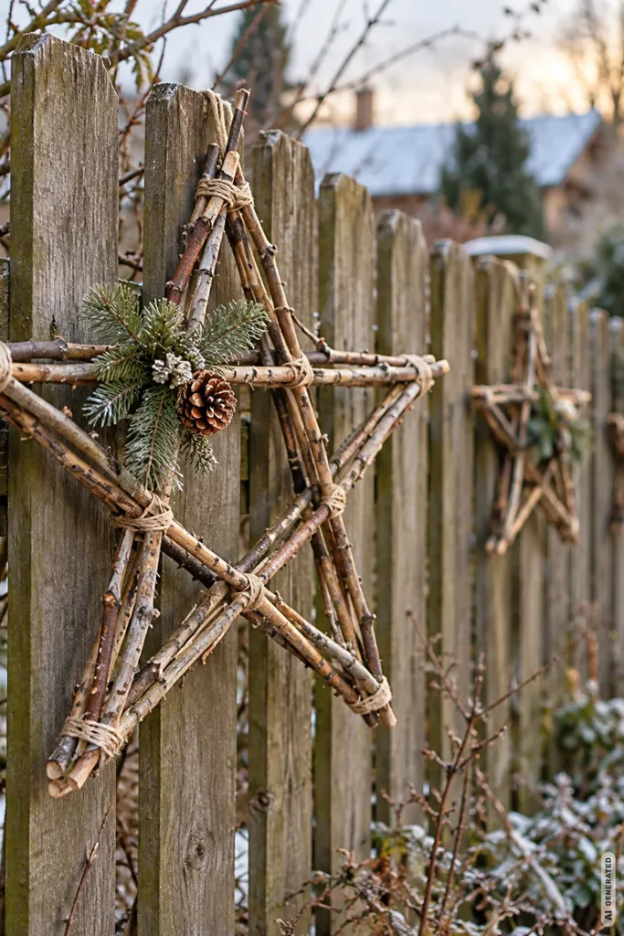 Weihnachtsdeko mit Naturmaterialien: 5 Ideen aus dem Garten für den Garten Weihnachtssterne aus gebundenen Naturzweigen mit Tannengrün und Zapfen an einem rustikalen Holzgartenzaun.