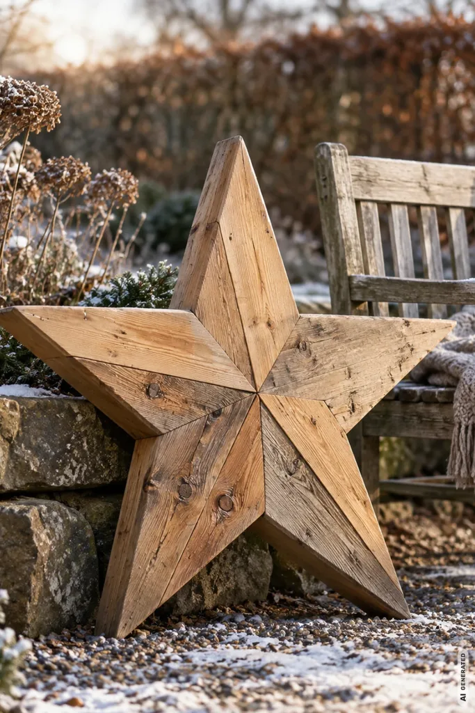 Weihnachtsdeko aus Holz für den Garten mit großem Holzstern neben einer winterlichen Gartenbank.