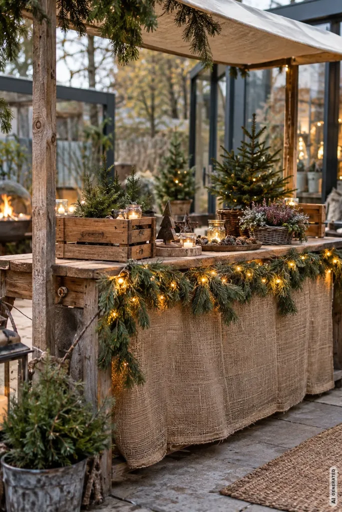 Weihnachtsmarkt im Garten: So gelingt er in 5 Schritten ohne teure Umbauten Rustikaler Weihnachtsmarktstand aus Holz mit Jutestoff, Tannengrün und warmweißen Lichterketten im Garten.