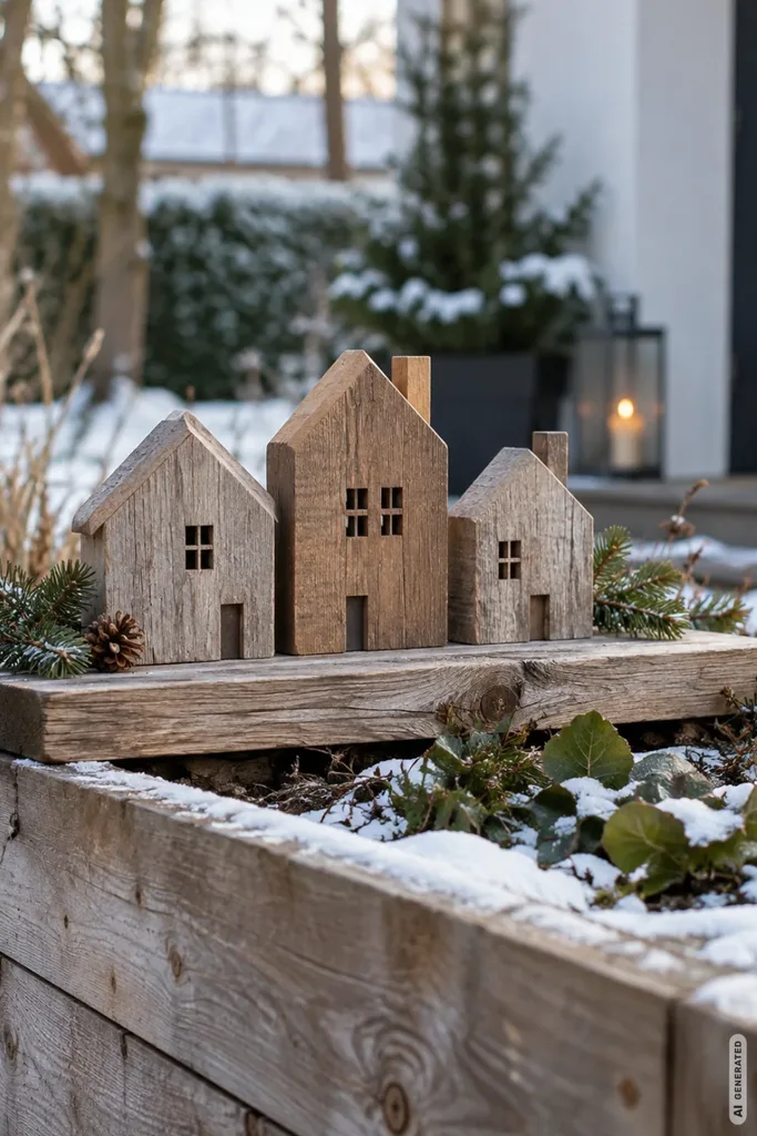 Drei dekorative Holzhäuser auf einem rustikalen Hochbeet mit Tannenzweigen und Schnee im Garten.
