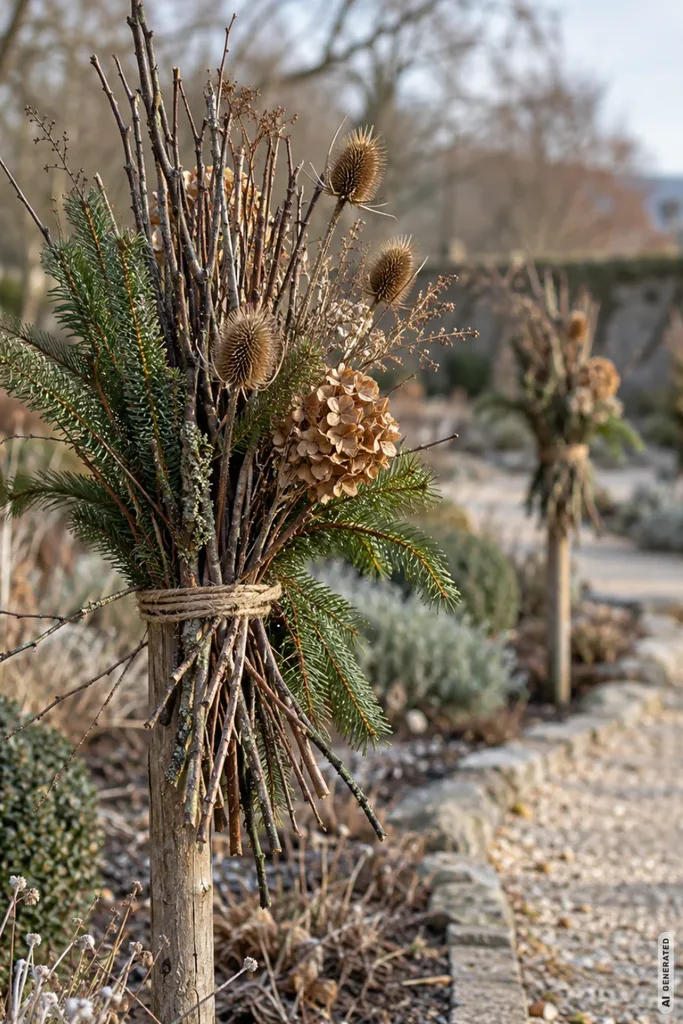 Weihnachtsdeko mit Naturmaterialien: 5 Ideen aus dem Garten für den Garten Weihnachtsdeko aus Reisig, Tannenzweigen und getrockneten Blütenständen auf Holzstäben entlang eines Gartenwegs.