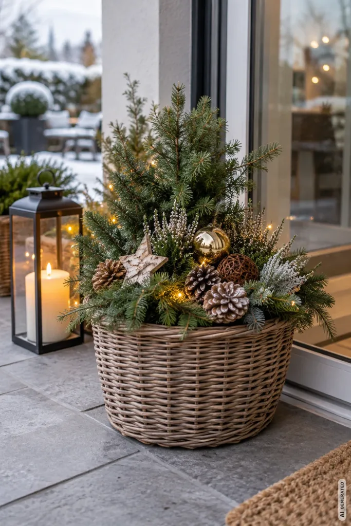 Weihnachtsdeko für die Terrassentür mit geflochtenem Korb, Tannenzweigen, Zapfen, Weihnachtskugeln und Laterne.