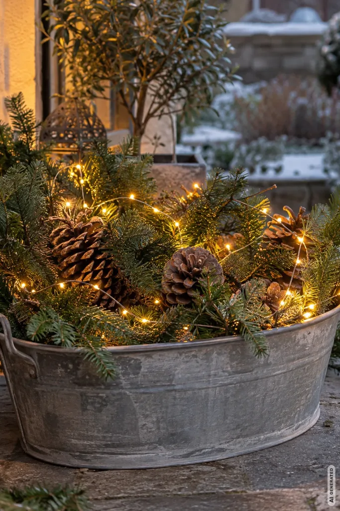 Rustikale Zinkwanne mit Tannenzweigen, großen Zapfen und warmweißer LED-Lichterkette im winterlichen Garten.