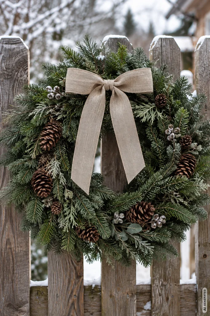 Weihnachtsdeko für den Gartenzaun: 5 einfache Ideen, die kahle Zäune verschönern Großer Weihnachtskranz aus Tannenzweigen, Kiefernzapfen und beigefarbener Schleife an einem Holzgartenzaun.