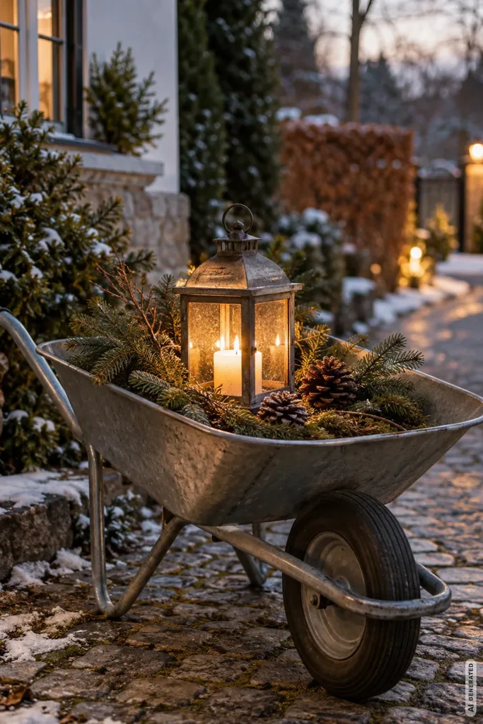 Silberne Schubkarre mit leuchtender Laterne, Tannenzweigen und Zapfen an einem winterlichen Gartenweg.
