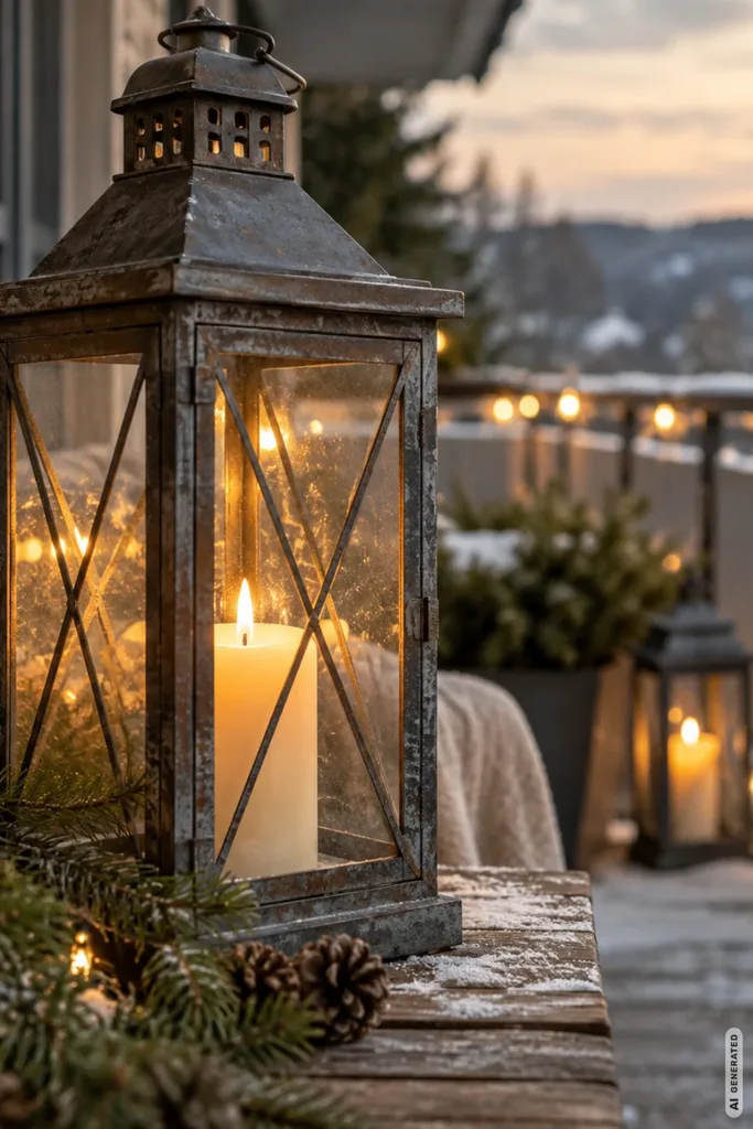 Weihnachtsdeko für den Balkon mit großer Laterne, Kerzenlicht, Tannenzweigen und Winteratmosphäre.