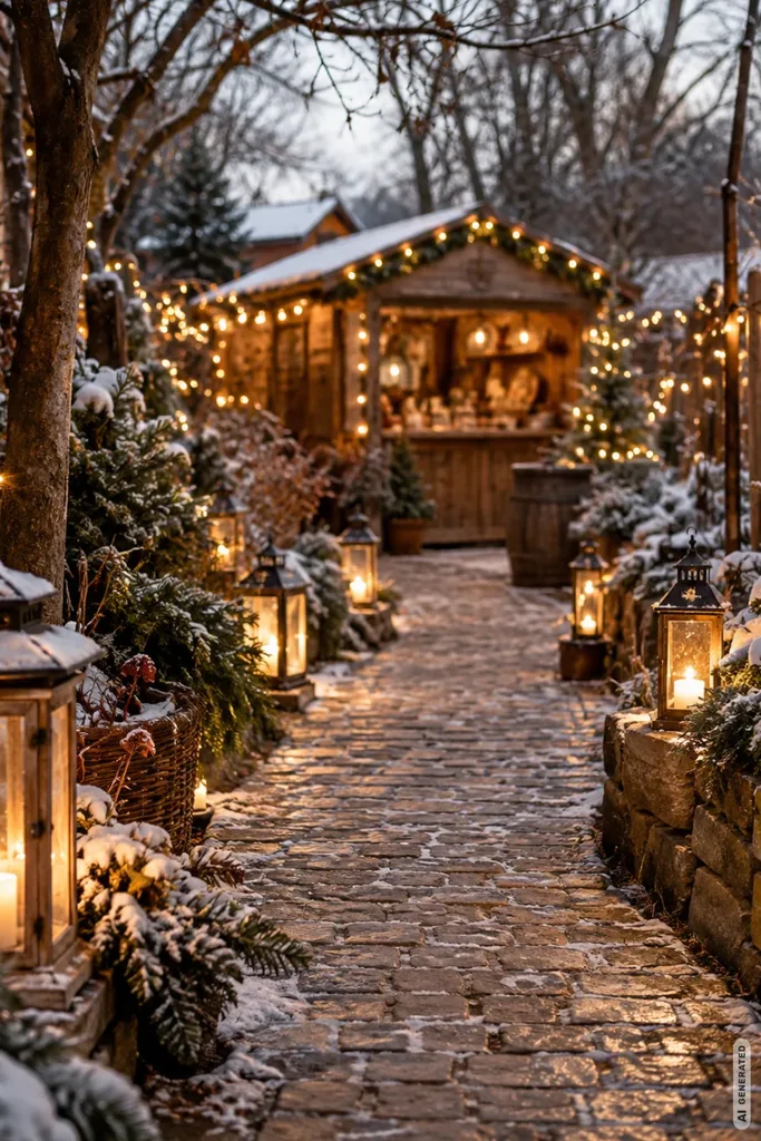 Weihnachtsmarkt im Garten: So gelingt er in 5 Schritten ohne teure Umbauten Winterlicher Gartenweg mit leuchtenden Laternen, Schnee und einem beleuchteten Weihnachtsmarktstand im Hintergrund.