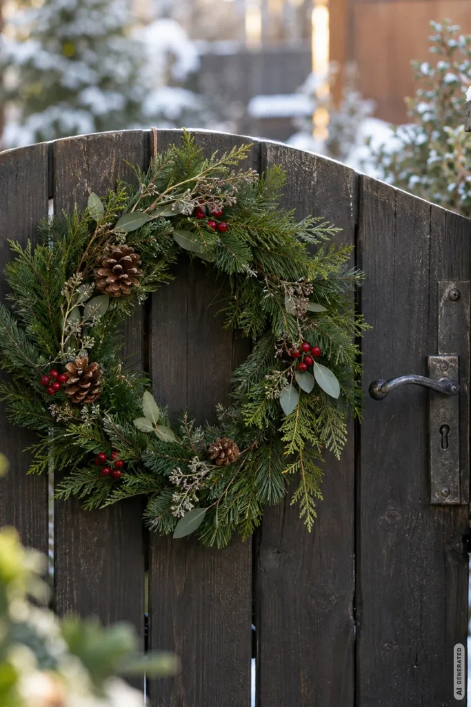 Weihnachtsdeko am Gartentor: 5 Ideen, die auch bei täglicher Nutzung nicht stören Wetterfester Weihnachtskranz aus Tannengrün, Zapfen und roten Beeren an einem dunklen Gartentor aus Holz.