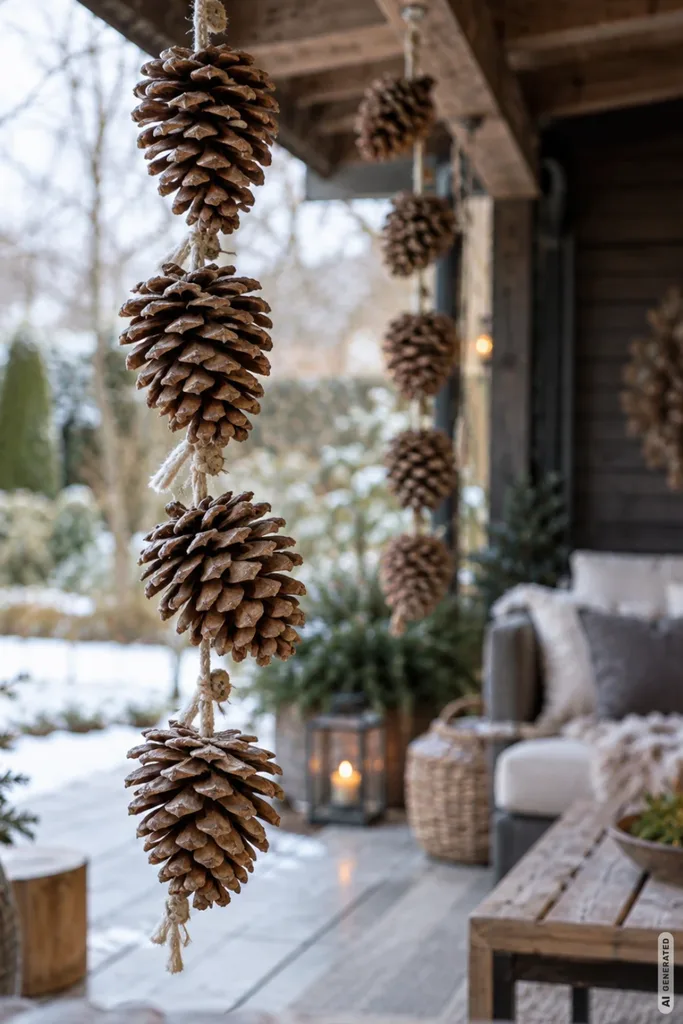 Weihnachtsdeko mit Naturmaterialien: 5 Ideen aus dem Garten für den Garten Hängende Weihnachtsdekoration aus Kiefernzapfen an Naturkordeln unter einer überdachten Holzterrasse.
