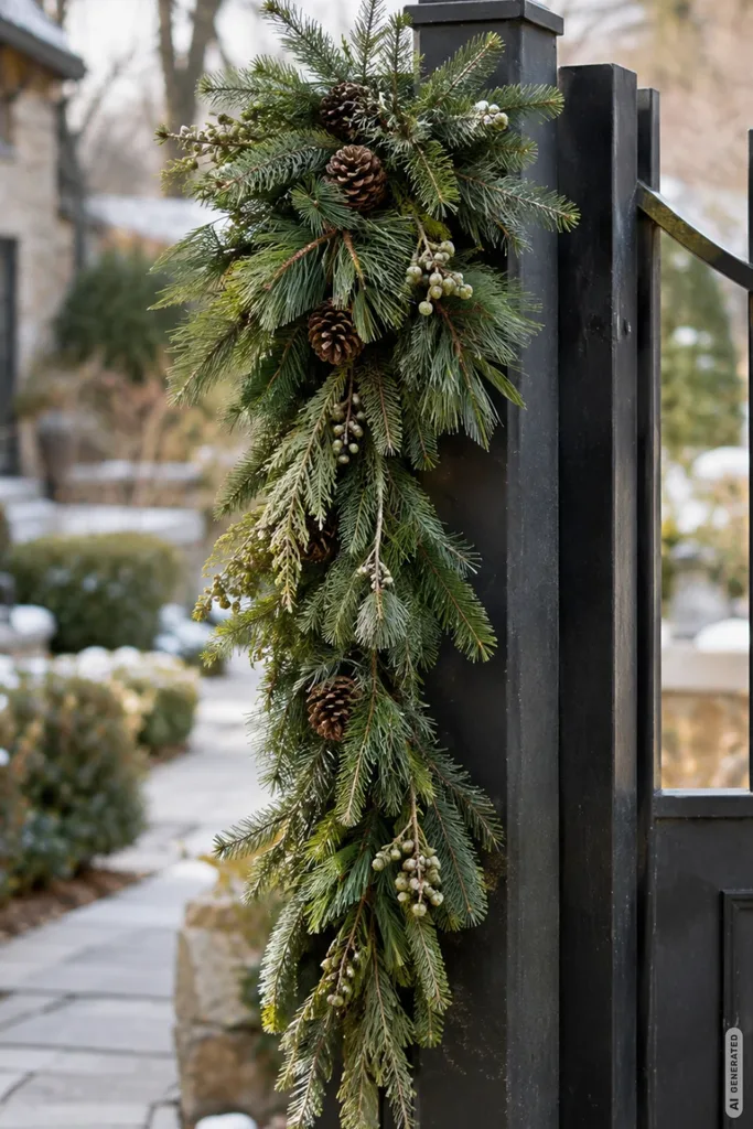 Weihnachtsdeko am Gartentor: 5 Ideen, die auch bei täglicher Nutzung nicht stören Lange Weihnachtsgirlande aus Tannenzweigen und Zapfen an einem schwarzen Torpfosten im winterlichen Garten.