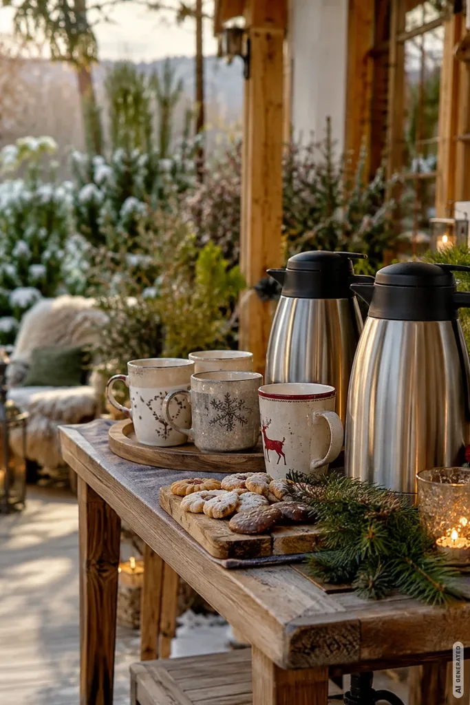 Weihnachtsmarkt im Garten: So gelingt er in 5 Schritten ohne teure Umbauten Rustikaler Holztisch mit Thermoskannen, weihnachtlichen Tassen, Plätzchen und Tannengrün auf einer winterlichen Terrasse.