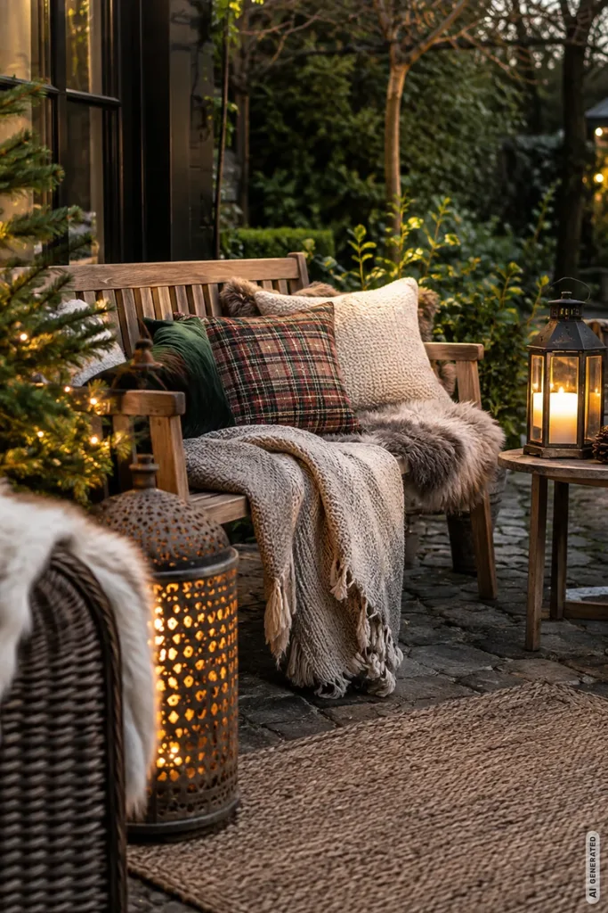 Weihnachtsmarkt im Garten: So gelingt er in 5 Schritten ohne teure Umbauten Gemütliche Gartenbank mit Wolldecken, Kissen, beleuchteten Laternen und weihnachtlicher Dekoration auf der Terrasse.