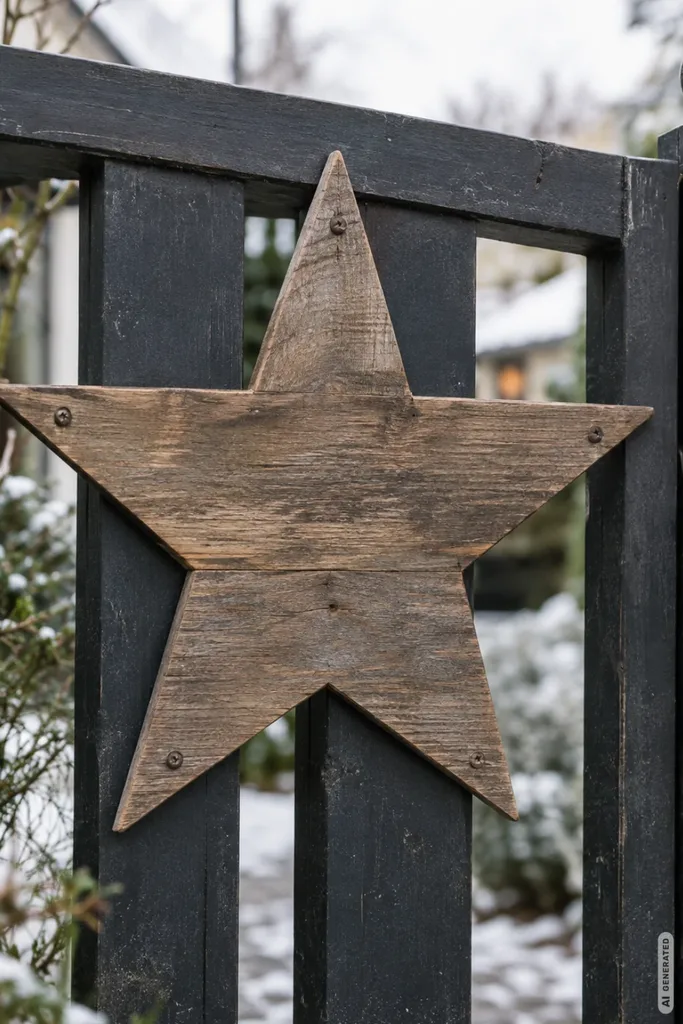 Weihnachtsdeko am Gartentor: 5 Ideen, die auch bei täglicher Nutzung nicht stören Großer wetterfester Weihnachtsstern aus rustikalem Holz an einem dunklen Gartentor im Winter.