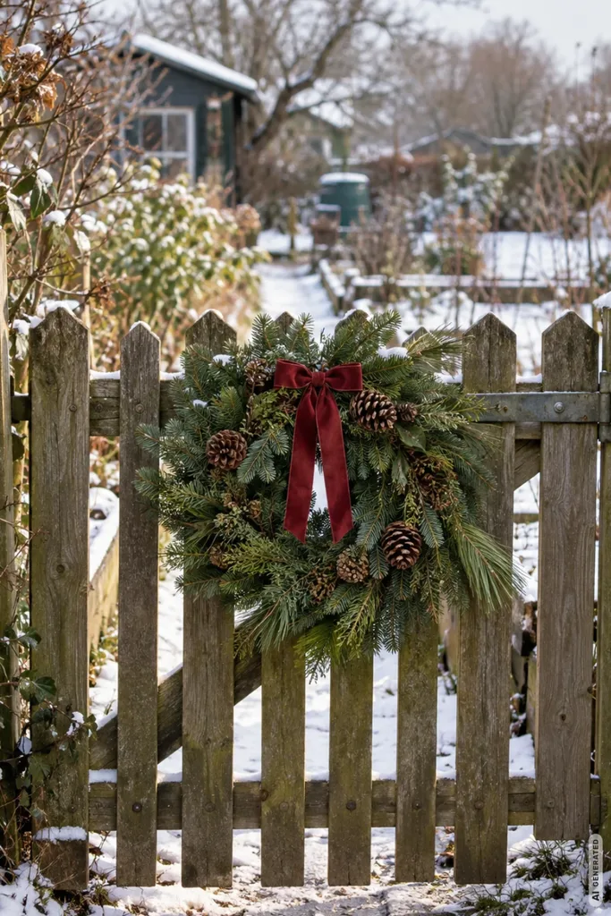 Weihnachtsdeko für den Schrebergarten: 5 Ideen vom Gartentor bis zur Laube Verschneites Gartentor im Schrebergarten mit Weihnachtskranz aus Tannenzweigen, Zapfen und roter Schleife.