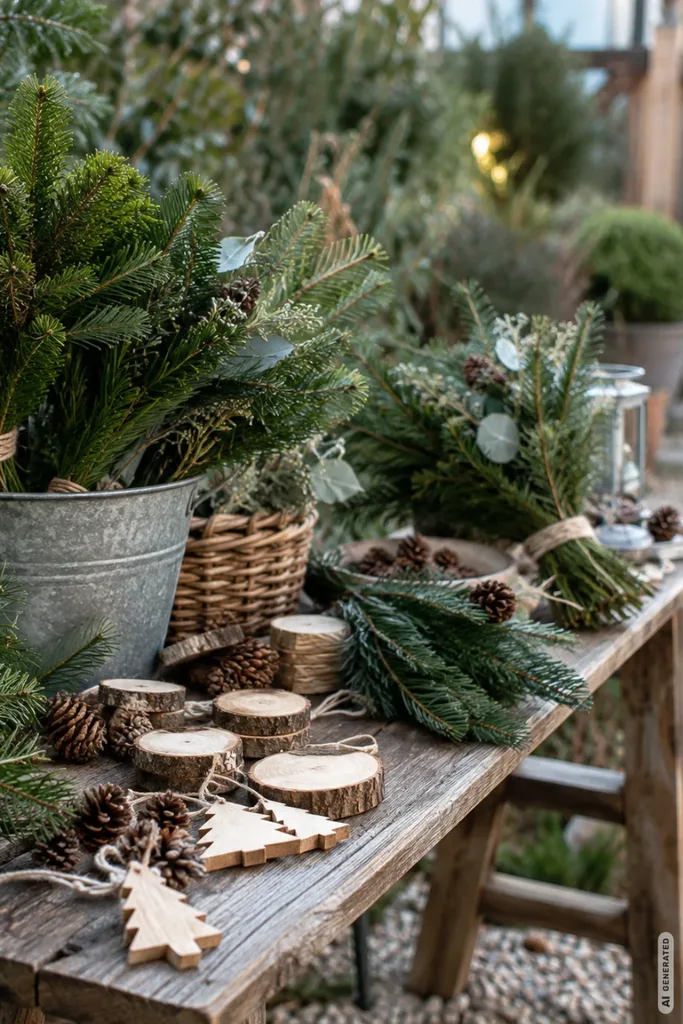 Weihnachtsmarkt im Garten: So gelingt er in 5 Schritten ohne teure Umbauten Rustikaler Holzstand im Garten mit Tannensträußen, Holzscheiben, Zapfen und selbstgemachten Weihnachtsanhängern.