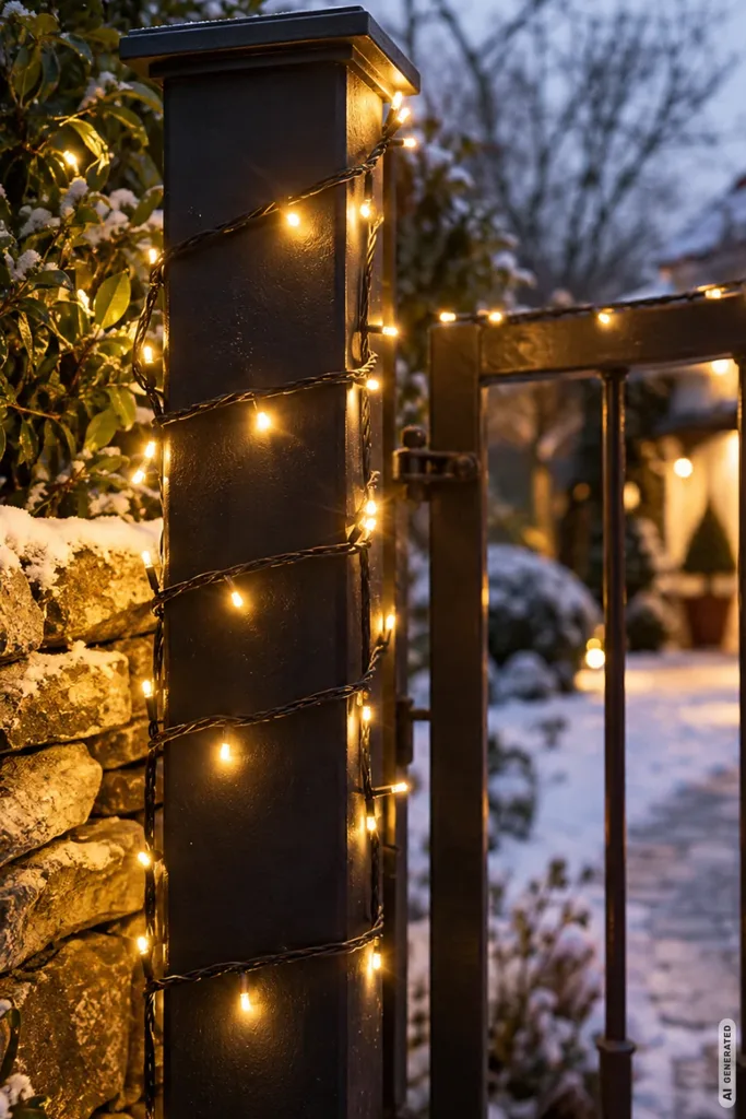 Weihnachtsdeko am Gartentor: 5 Ideen, die auch bei täglicher Nutzung nicht stören Warmweiße LED-Lichterkette an einem schwarzen Gartentor mit verschneitem Gartenweg in der Dämmerung.