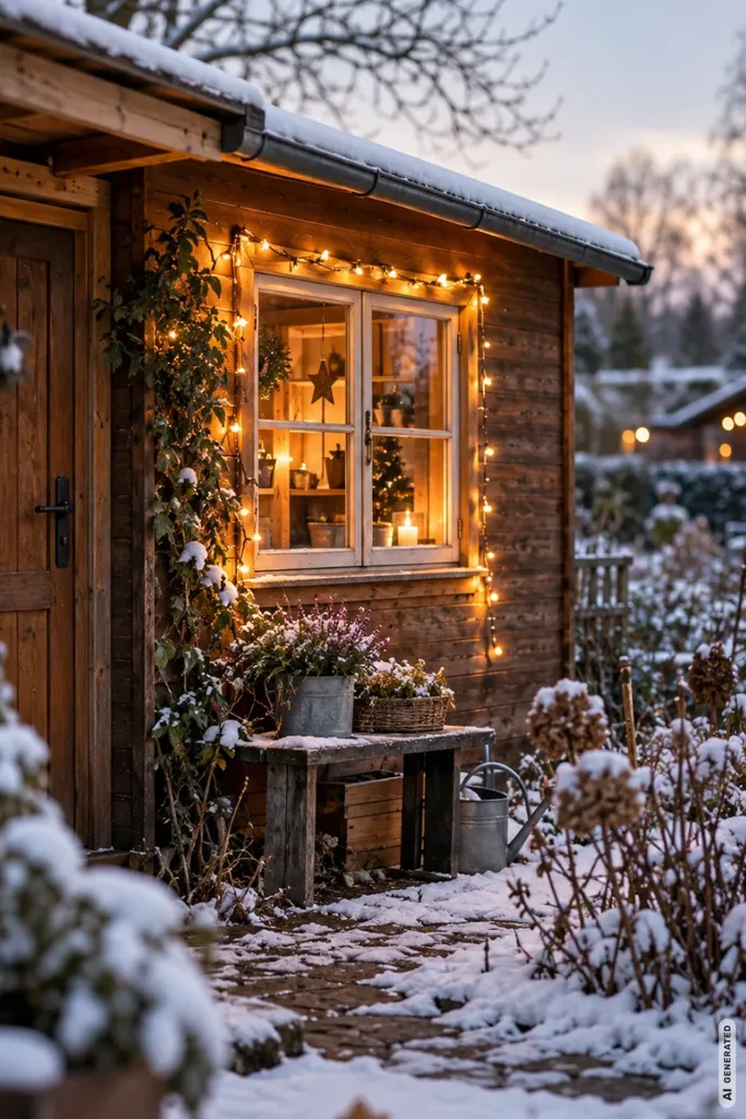 Weihnachtsdeko für den Schrebergarten: 5 Ideen vom Gartentor bis zur Laube Holzlaube im verschneiten Schrebergarten mit warmweißer Lichterkette rund um das Fenster.