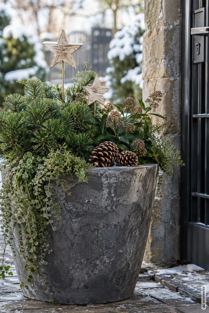 Weihnachtsdeko am Gartentor: 5 Ideen, die auch bei täglicher Nutzung nicht stören Großer grauer Pflanzkübel mit Wintergrün, Tannenzapfen und Holzsternen neben einem schwarzen Gartentor.