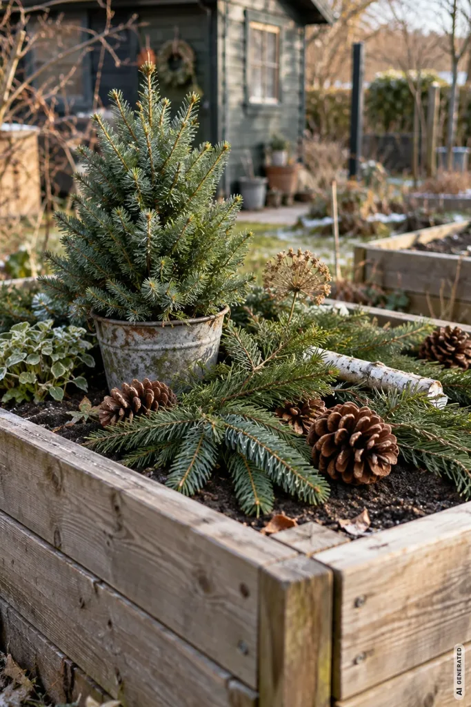 Weihnachtsdeko für den Schrebergarten: 5 Ideen vom Gartentor bis zur Laube Weihnachtlich dekoriertes Holzhochbeet mit kleiner Tanne im Topf, grünen Zweigen und Kiefernzapfen.