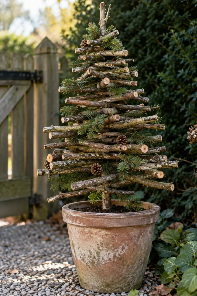 Selbst gemachter Weihnachtsbaum aus Ästen, Tannengrün und Zapfen in einem alten Terrakottatopf am Gartentor.