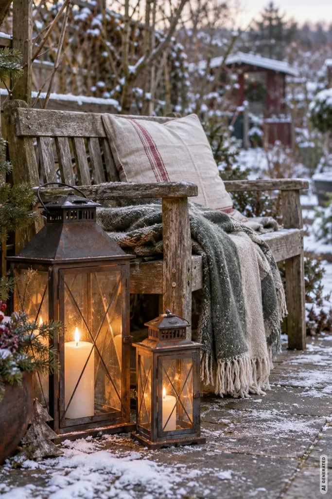 Weihnachtsdeko für den Schrebergarten: 5 Ideen vom Gartentor bis zur Laube Winterliche Gartenbank mit Kissen, Decke und zwei leuchtenden Laternen im verschneiten Schrebergarten.