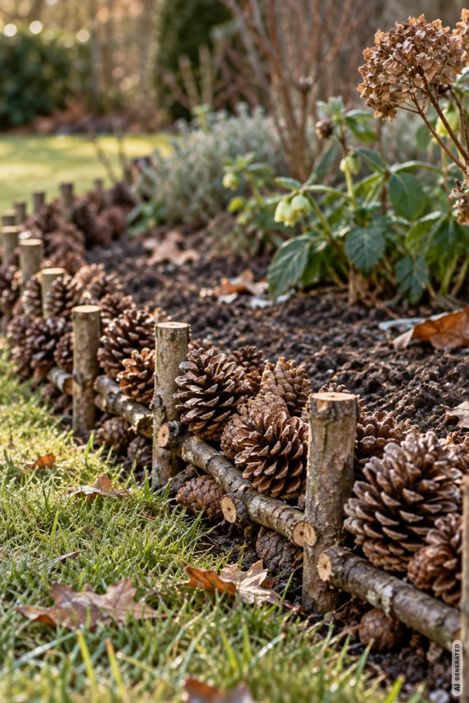 Natürliche Beeteinfassung aus Tannenzapfen und kurzen Ästen entlang eines winterlichen Gartenbeets.