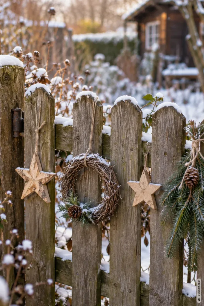 Weihnachtsdeko für den Schrebergarten: 5 Ideen vom Gartentor bis zur Laube Verschneiter Holzzaun mit Weihnachtssternen aus Holz, Reisigkranz und Tannenzweigen im Schrebergarten.
