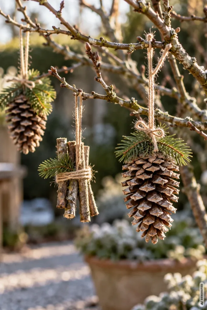 Kahler Gartenstrauch mit hängenden Tannenzapfen und kleinen Zweigbündeln als natürliche Weihnachtsdekoration.