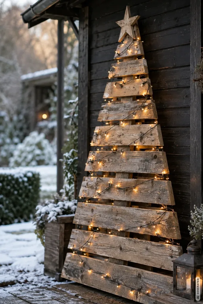 Weihnachtsdeko mit Paletten: 5 kreative Ideen, die altem Holz neues Leben geben Weihnachtsbaum aus alten Palettenbrettern mit warmweißer Lichterkette vor einem dunklen Gartenhaus im Winter.
