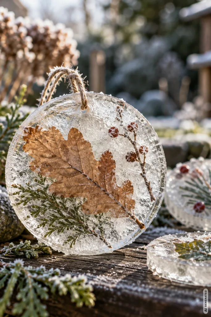 Runde Eisornamente mit eingefrorenen Blättern, Zweigen und Tannengrün auf einem frostigen Holzbrett im Garten.