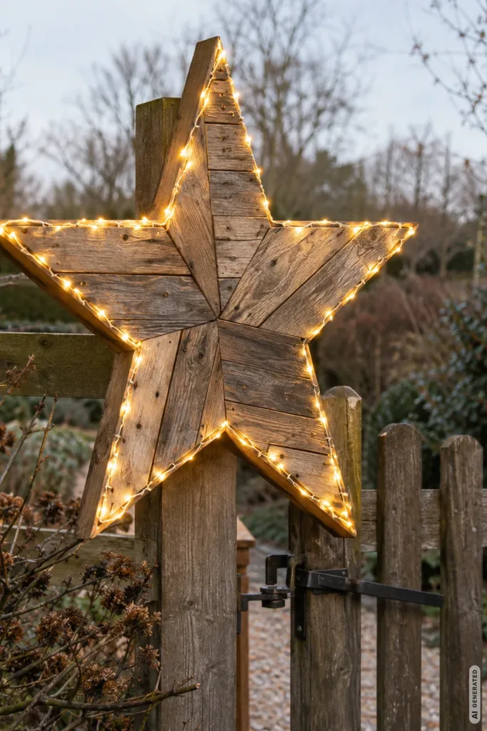 Weihnachtsdeko mit Paletten: 5 kreative Ideen, die altem Holz neues Leben geben Großer Weihnachtsstern aus verwittertem Palettenholz mit warmweißer Beleuchtung an einem hölzernen Gartentor.