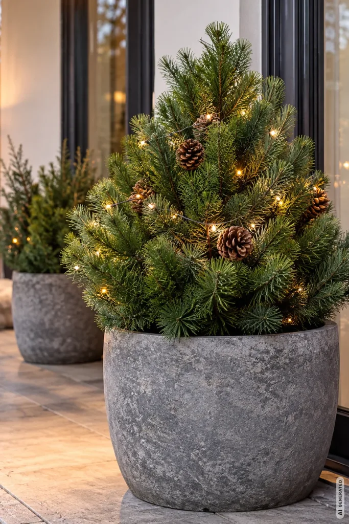 Weihnachtsdeko für die Terrassentür mit wintergrüner Konifere, Tannenzapfen und warmer Lichterkette im Pflanzkübel.