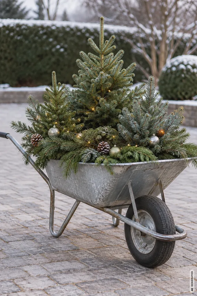Silberne Schubkarre mit drei kleinen Tannen, Weihnachtskugeln und warmweißer Lichterkette im winterlichen Garten.