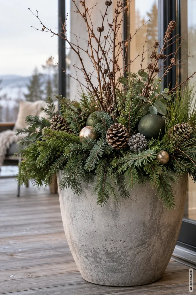 Weihnachtsdeko für die Terrasse: 5 Ideen, die auch vom Wohnzimmer aus schön wirken Weihnachtsdeko für die Terrasse mit großem Pflanzkübel, Tannengrün, Zweigen und Weihnachtskugeln.