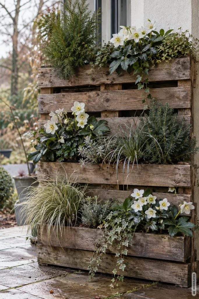 Weihnachtsdeko mit Paletten: 5 kreative Ideen, die altem Holz neues Leben geben Senkrechte Holzpalette mit weißen Christrosen, kleinen Koniferen und Ziergräsern neben einer Terrassentür.