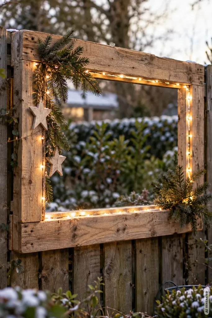 Weihnachtsdeko mit Paletten: 5 kreative Ideen, die altem Holz neues Leben geben Rechteckiger Rahmen aus Palettenholz mit LED-Lichterkette, Tannenzweigen und Holzsternen an einem Gartenzaun.