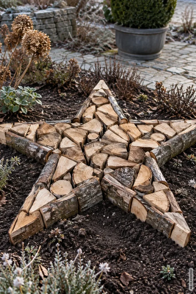 Großer fünfzackiger Weihnachtsstern aus Brennholzscheiten auf dunkler Erde in einem winterlichen Gartenbeet.
