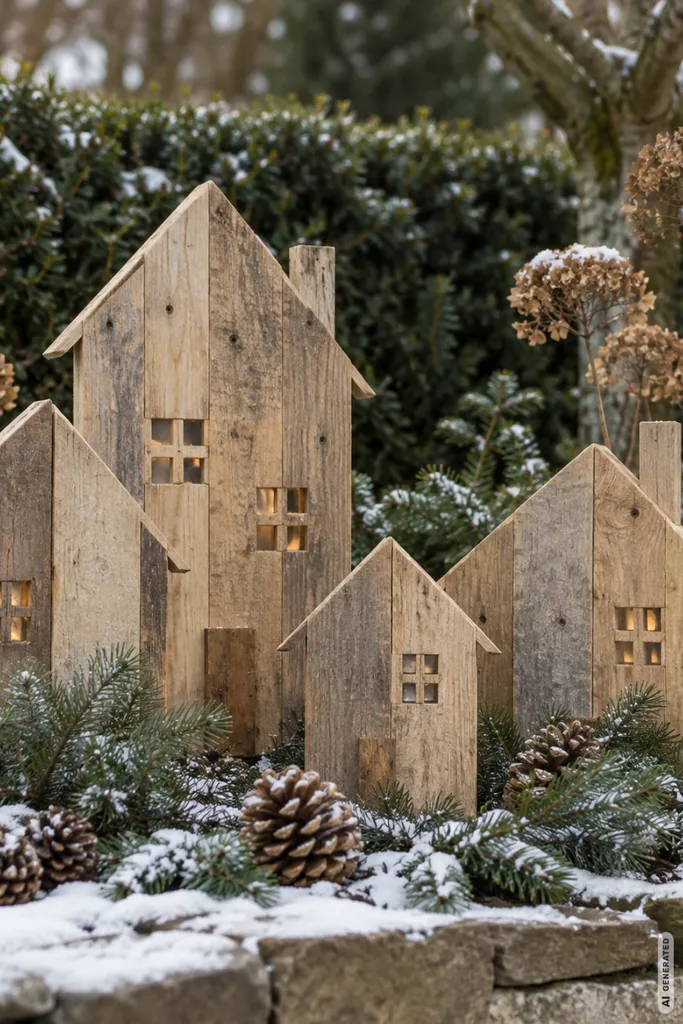 Weihnachtsdeko mit Paletten: 5 kreative Ideen, die altem Holz neues Leben geben Weihnachtsdorf aus unterschiedlich großen Palettenholzhäusern mit beleuchteten Fenstern zwischen Tannenzweigen und Schnee.