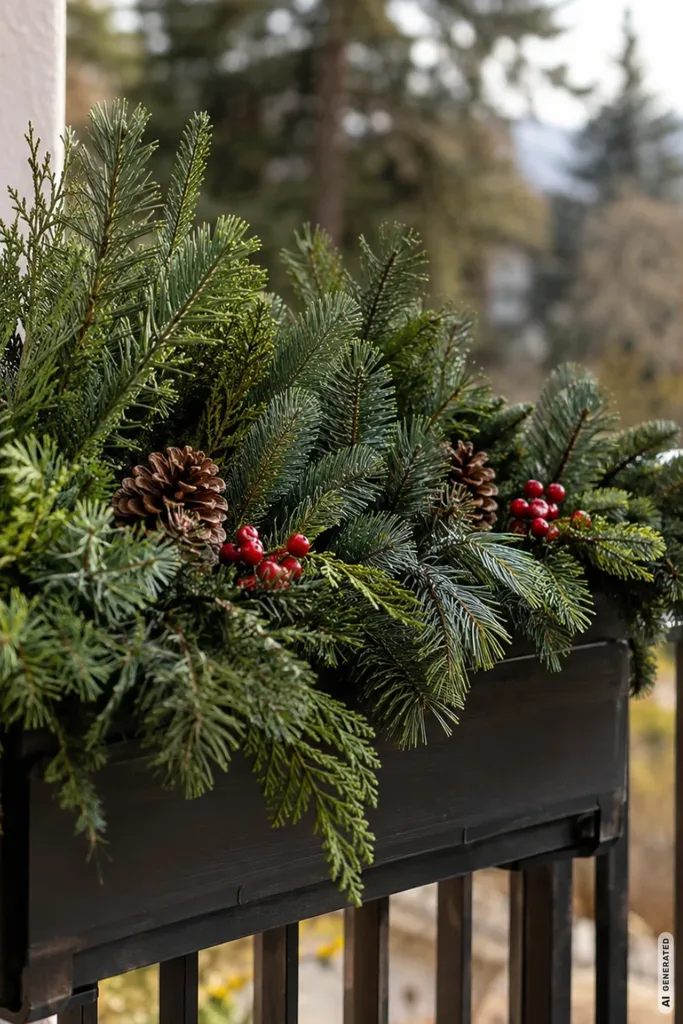 Weihnachtlicher Blumenkasten am Balkongeländer mit Tannenzweigen, Kiefernzapfen und roten Beeren.