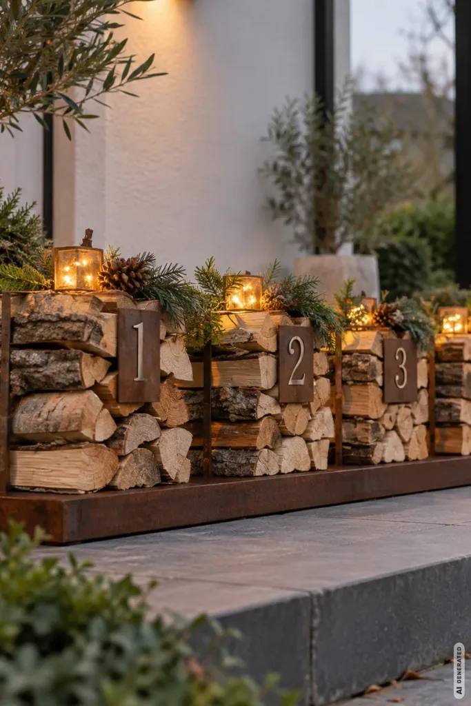 Vier kleine Brennholzstapel mit Adventszahlen von 1 bis 4, Tannengrün und warm leuchtenden LED-Lichtern.